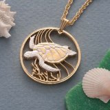 Hand-cut Bermuda Sea Turtle Coin Necklace Rhodium & 14K Gold