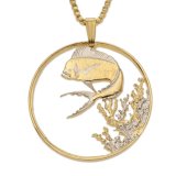 Mahi Mahi – Dolphin Fish Coin Necklace Plated with Rhodium & 14K Gold