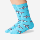 Kid’s Size S/M Great White Shark Jacquard Socks – Aqua Blue